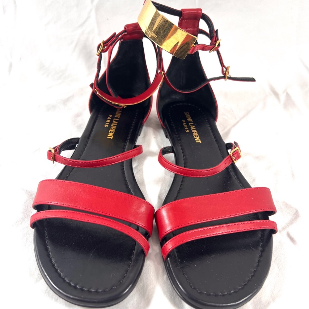 SAINT LAURENT Red Leather Janis Ankle Strap Gladiator Flat Sandals 35.5- 5.5US